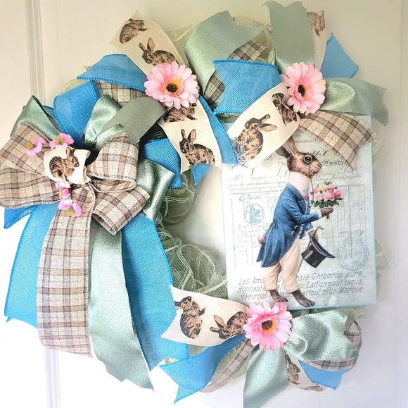 Victorian Gentleman Easter Bunny Wreath Rabbit Deco Mesh Bows Greens Blues Pinks - Picture 8 of 8